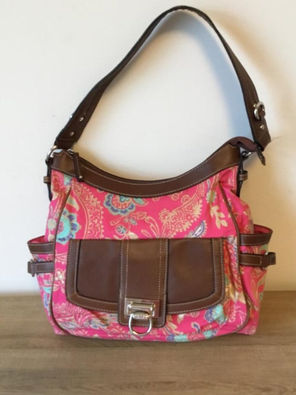 Chaps Pink and Brown Multi Paisley Canvas Shoulder Bag w/Faux Leather Trim